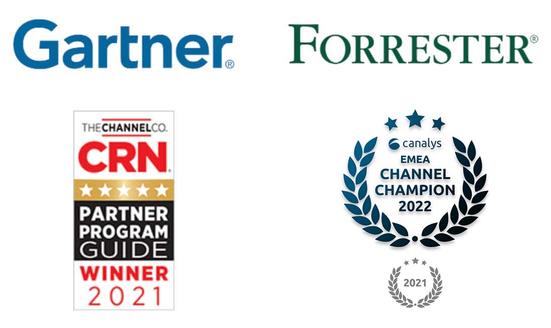 Gartner logo, Forrester logo, CRN award and Canalys award