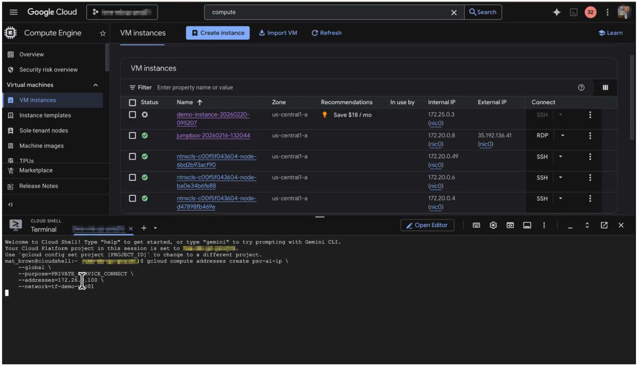 Fig 02. (TimeStamp 1:00): Creating the internal forwarding rule and IP in the Google Cloud console using Cloud Shell