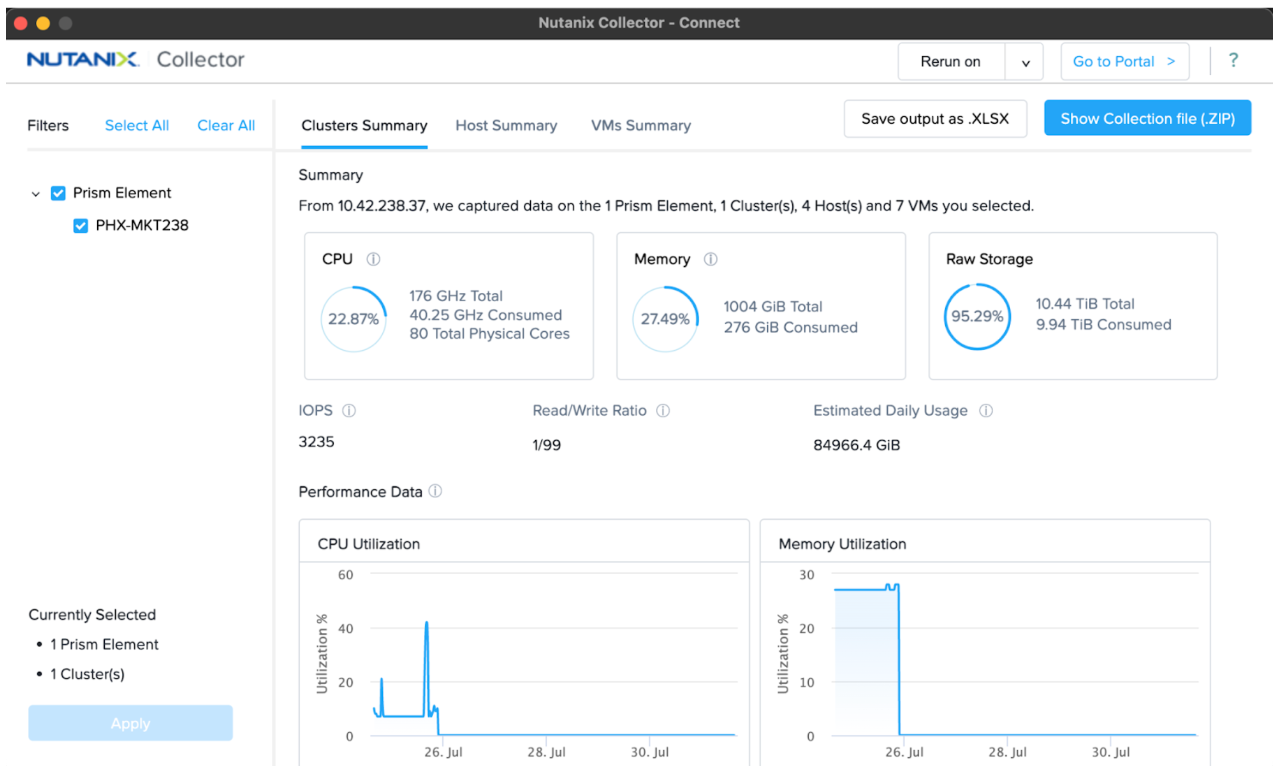 Figure 2: Nutanix Collector collection results screen showing high level cluster metrics.
