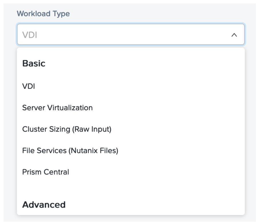 Figure 4: Screenshot of Sizer workload selection in Sizer