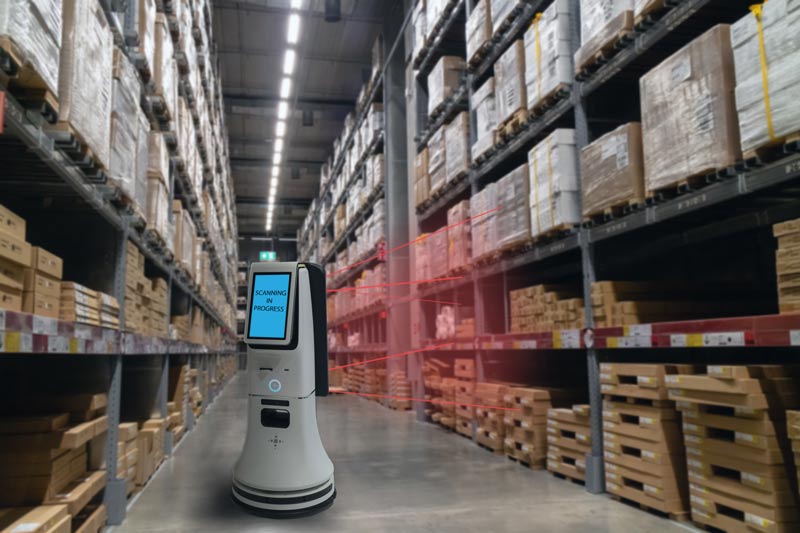 A robot inside a warehouse retail chain story analyzing shelf space.
